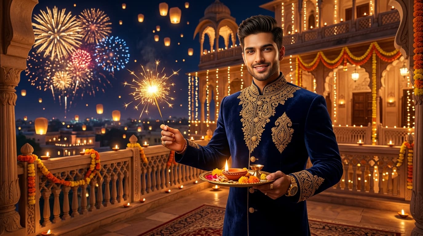 Diwali 2026 Royal Male Velvet Sherwani & Golden Sparkler AI Portrait Prompt (Bing & ChatGPT)